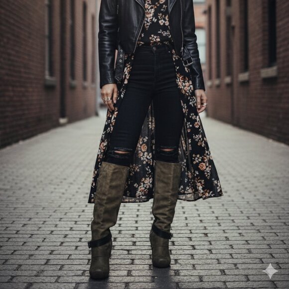 Unique Distressed Olive Green Leather Combat/Moto Boots | Multi-Strap Buckle 8.5 - Picture 2 of 11